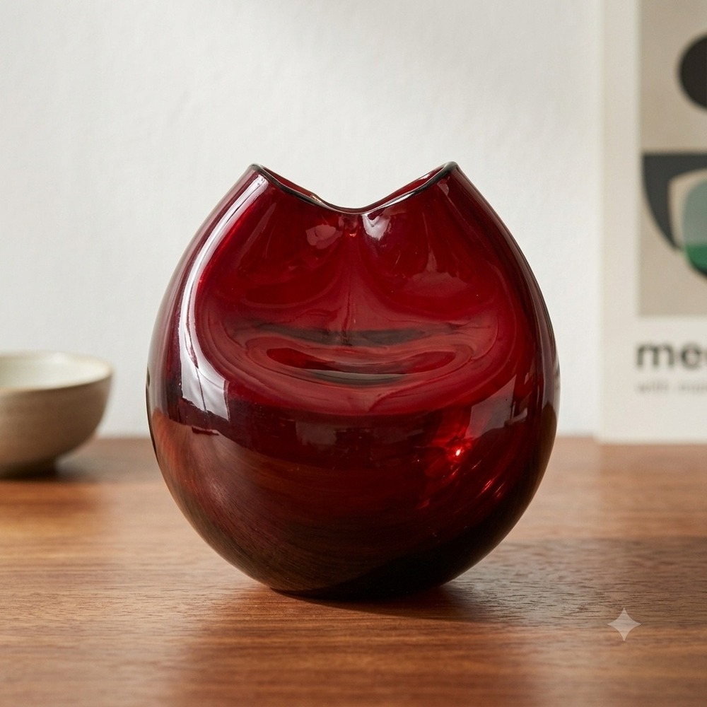 Vintage Blenko 39 Ruby Red Pinched Ivy Vase Glass Rose Bowl Mid Century